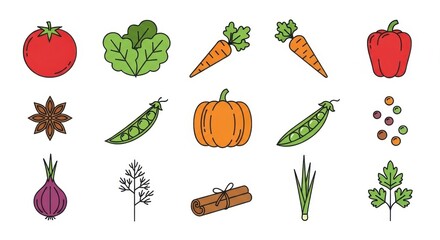 Colorful vector assortment of fresh produce and seasoning elements, perfect for culinary designs