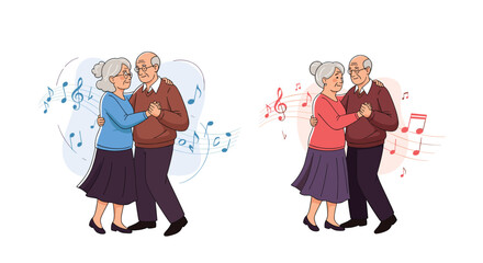 Two illustrations of a sweet elderly couple dancing together surrounded by flowing musical notes on a light background.