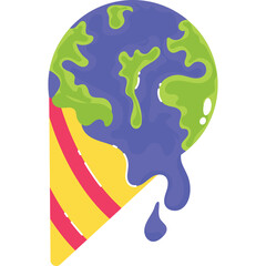 Melting Earth Planet Ice Cream Cone Illustration With Blue Purple Melting Liquid And Green Continents On Yellow Cone With Pink Stripes And Transparent Background