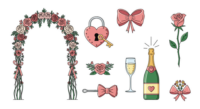 An elegant collection of pink-themed wedding and romance icons including a floral arch champagne and a heart-shaped lock.
