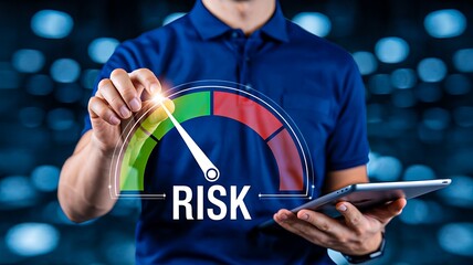 Businessman adjusting risk level gauge using digital tablet in modern technology concept
