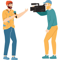 Man holding microphone and talking to cameraman filming with professional video camera on transparent background