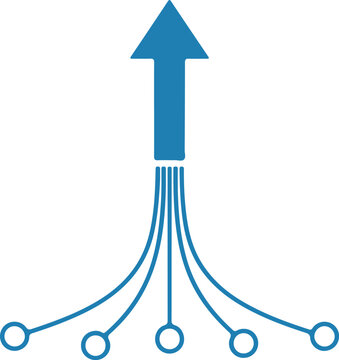 Consolidation concept vector graphic showing multiple inputs merging into single upward-pointing arrow representing unified goal achievement and synthesis