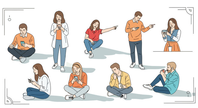 young adults using smartphones highlighting digital communication and social media habits in diverse casual interactions.