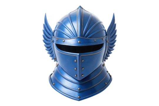 Blue medieval knight helmet with wings isolated on transparent background