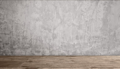 Empty Industrial Loft Room Interior Background Template. Rough Gray Concrete Cement Wall Texture Backdrop. Vintage Weathered Wood Floor Planks. Urban Modern Design Blank Copy Space Banner Concept.