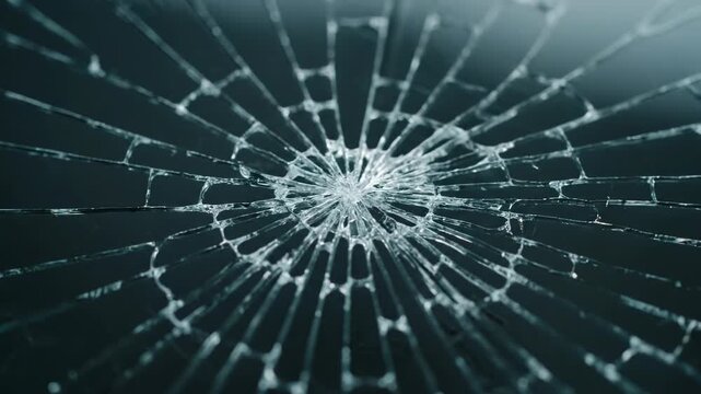 A macro design of a broken glass sphere featuring a spiderweb network of water drops and morning dew texture against an abstract nature background
