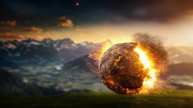 Cosmic Collision: The image portrays an awe-inspiring celestial event, a fiery celestial body rupturing mid-air.