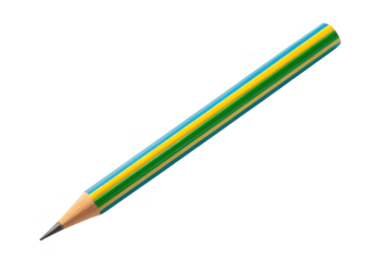 Sharp yellow and blue striped wooden pencil isolated on transparent background