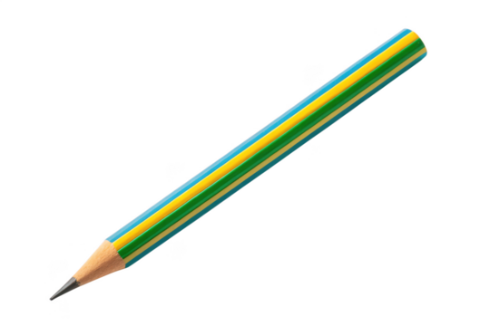 Sharp yellow and blue striped wooden pencil isolated on transparent background - Powered by Adobe