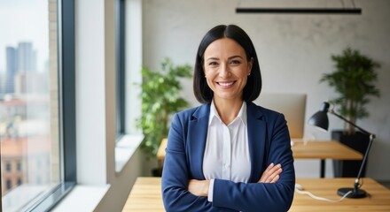 Fototapeta premium Confident business professional smiling in a modern office overlooking the city skyline showing