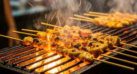 Grilled Satay Skewers Cooking Over Hot Coals.