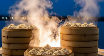 Steaming Dim Sum Baskets Filled With Delicious Dumplings.