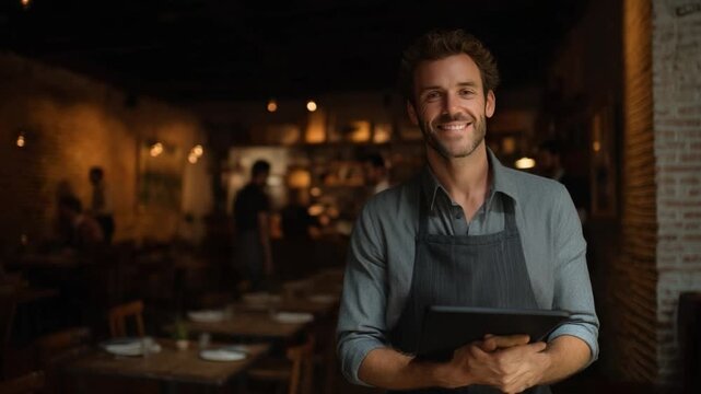 Smiling Server at Restaurant: A confident server in a modern restaurant setting smiles warmly at the camera, holding a digital tablet. Evoking a welcoming atmosphere and showcasing attentive service.