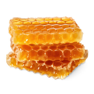 Three honeycomb pieces on a transparent background