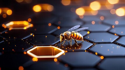 A bee with orange and black stripes is positioned on a dark, reflective hexagonal grid, with glowing orange outlines and bokeh lights creating a futuristic or a