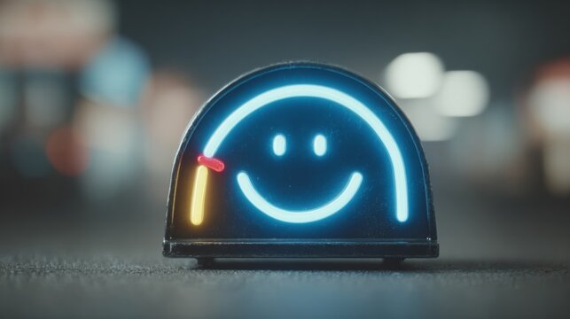 Vibrant neon smiley face gauge signals peak happiness and satisfaction with glowing blue and yellow lights against a blurred background - Powered by Adobe