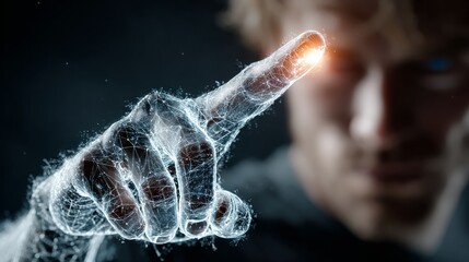Futuristic hand interacting with glowing digital network, representing innovation and connection in technology and business