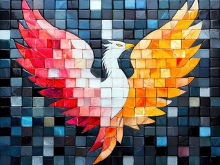 A stylized phoenix bird made of colorful mosaic tiles, with wings spread wide, set against a dark, tiled background.