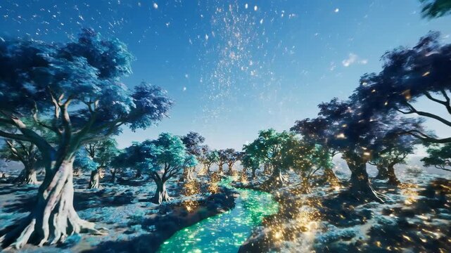 A surreal and futuristic landscape design showcasing an enchanted forest with a glowing river and a starry sky, a concept for a virtual world