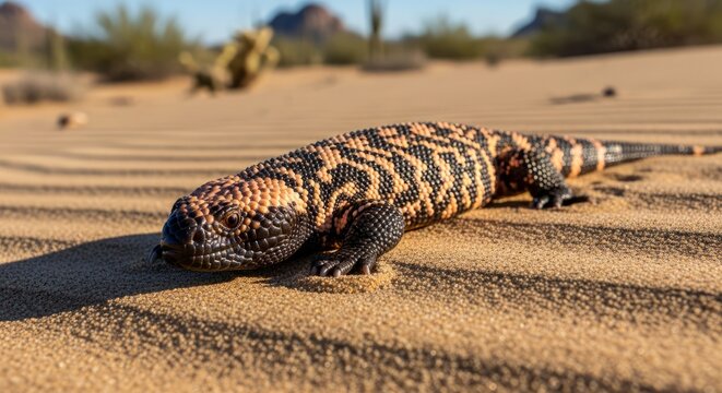 Close-up image of a Gila monster showing its textured, beaded skin and bold orange-black patterns, captured in a dry desert habitat with natural lighting.