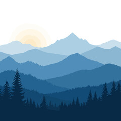 Fototapeta premium Stunning blue mountain range with forest and sunrise creates a peaceful, serene landscape perfect for backgrounds, travel, and nature themes