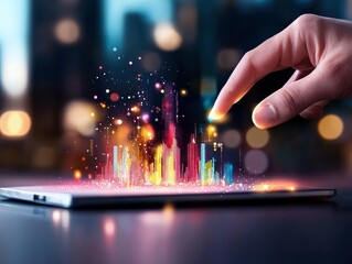 A person's finger interacts with a glowing, colorful digital representation of a city emerging from a tablet.
