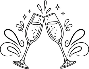 Clinking Champagne Glasses Line Art Vector Illustration for Wedding Toast and New Year Celebration Design