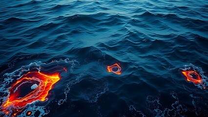 subsurface. Deep blue ocean waves with glowing cracks beneath the surface, hinting at volcanic activity. ESG reports, sustainability campaigns, designed for environmental awareness campaigns.