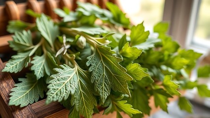 tolerable. Close-up of dried lovage leaves on a wooden rack with natural morning light. gardening catalogs, home-decor guides, designed for home decor and floral branding, used by sports marketers.