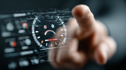 Customer feedback display showing dissatisfaction with a sad face and low performance meter, representing negative sentiment