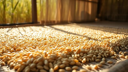 foolishness. Barley grains drying on a mat under soft, natural sunlight. menu design, packaging mockups, designed for culinary blogs and recipe cards for restaurants, used by account managers.