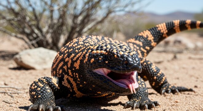 Close-up image of a Gila monster showing its textured, beaded skin and bold orange-black patterns, captured in a dry desert habitat with natural lighting.
