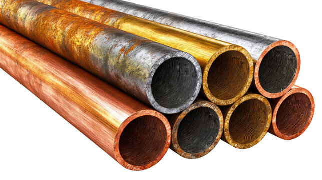 Close-Up View of Metallic Pipes in Various Finishes Including Copper, Silver, Gold, and Rusted Textures