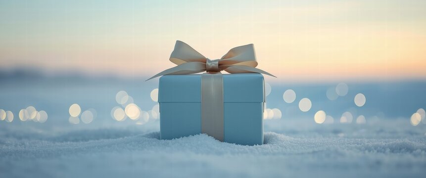 A dreamy winter scene with a beautifully wrapped gift, satin bow sparkling in the snow. Evokes holiday warmth and festive cheer for a special occasion, celebration. - Powered by Adobe