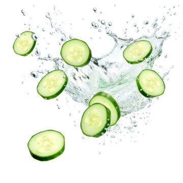 Cucumber slices in a water splash against a transparent background