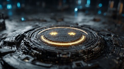 Futuristic cybernetic smiley face glows with vibrant energy on a complex mechanical platform, symbolizing digital joy and advanced technology
