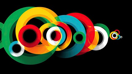 A dynamic composition of overlapping, translucent rings in vibrant colors like green, red, yellow, blue, and white, set against a solid black background.