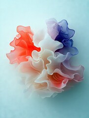 A swirling, translucent abstract form with layered petals in a gradient of colors from red to white to purple.