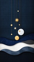 A dark blue textured background with hanging gold stars and a moon above a layered landscape of wavy hills.