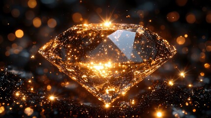 A large, faceted diamond glows with internal golden light, surrounded by a scattering of bright, shimmering particles and soft bokeh circles in the background.