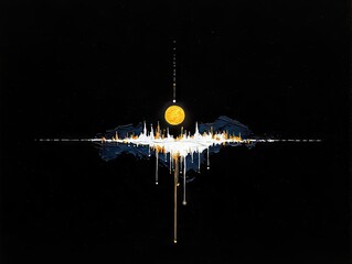 An abstract painting features a golden moon and a textured, dark landscape with white and gold paint dripping downwards.