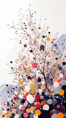 An abstract painting depicts a delicate tree with thin branches adorned with numerous colorful circular shapes, suggesting a whimsical floral or fruit display.