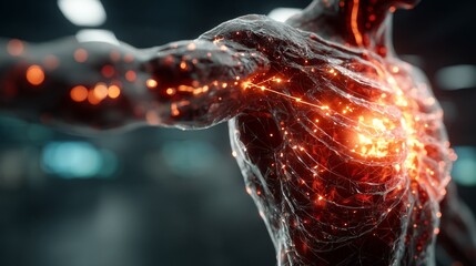 Dynamic human form glows with vibrant energy, showcasing intricate network of light and data streams, symbolizing advanced science and futuristic innovation.