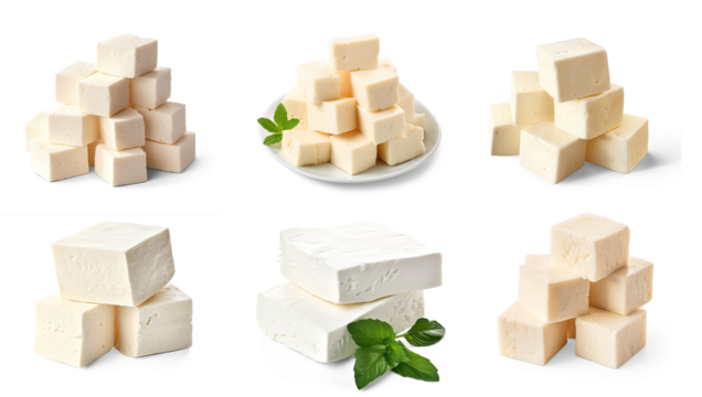 A collection of various types of cheese, including feta, mozzarella, and cheddar, arranged in a collage style.
