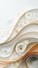 An abstract composition of layered, curved paper strips forming waves and delicate rolled paper flowers.