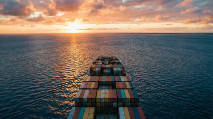 vessel. Cargo ship with colorful containers on open ocean during sunset with golden water reflections, inspiring travel planning, mobility guides, designed for transport & logistics marketing.