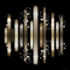 A collection of vertical bars in shades of gold and silver with delicate floral and light accents, reflected in dark water.