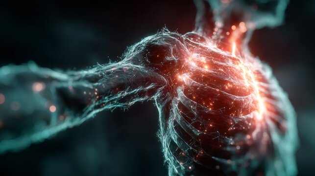 Dynamic neural network visualization representing human anatomy with vibrant energy flow and intricate connections, perfect for science and tech projects.