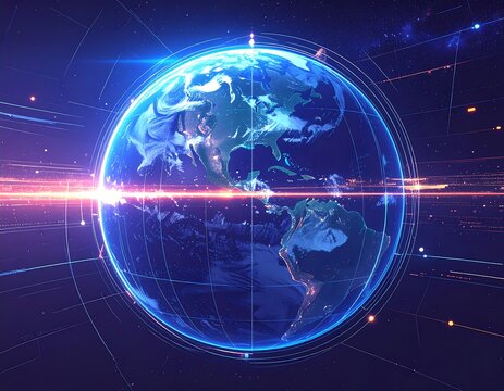 Animated Earth with light streaks and digital grid in space - Powered by Adobe